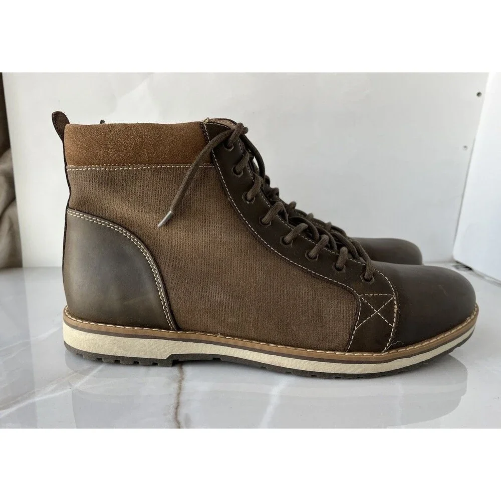 IZOD Legacy Men Brown Leather Ankle Boots Memory Foam Cushion Sz 12 M Lace Up